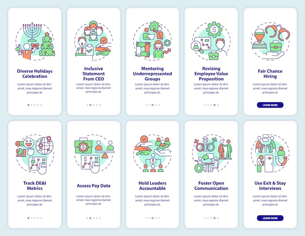 dei programs for workplace onboarding mobile app screens set