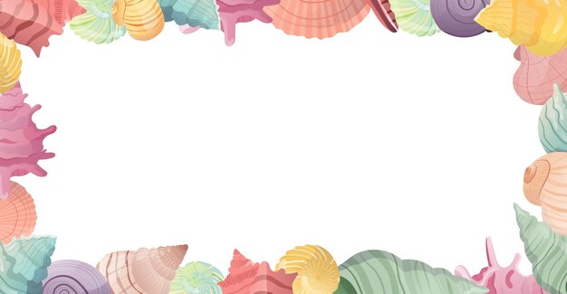 Delicate frame of assorted seashells in soft pastel tones ideal for invitations stationery and su