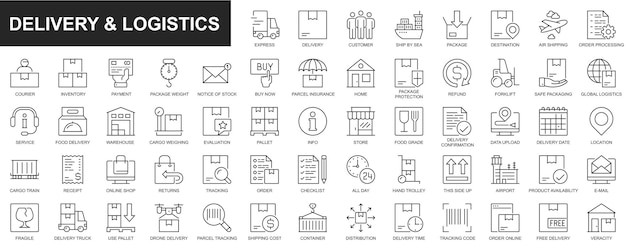 Delivery and logistics web icons set in thin line design Pack of express air ship order processing courier payment parcel protection warehouse cargo and other Vector outline stroke pictograms