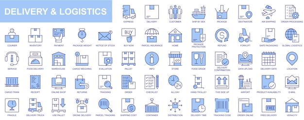 Delivery and logistics web icons set in thin line design Pack of express air ship order processing courier payment parcel protection warehouse cargo and other Vector outline stroke pictograms
