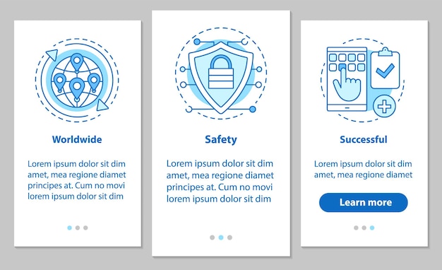 Delivery and trading onboarding mobile app page screen with linear concepts. Worldwide, successful, safe steps graphic instructions. UX, UI, GUI vector template with illustrations