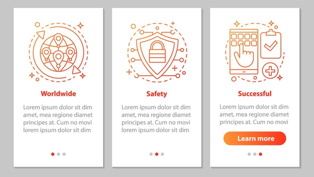 Delivery and trading onboarding mobile app page screen with linear concepts Worldwide successful safe steps graphic instructions UX UI GUI vector template with illustrations