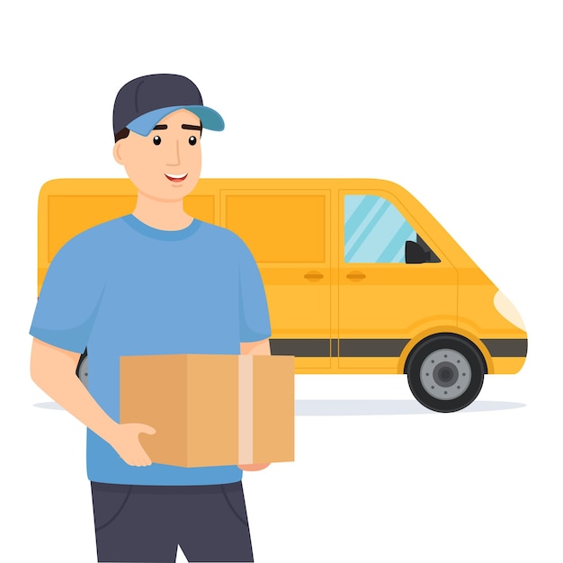 Delivery man in uniform holding box with delivery truck on background Delivery service Vector illustration