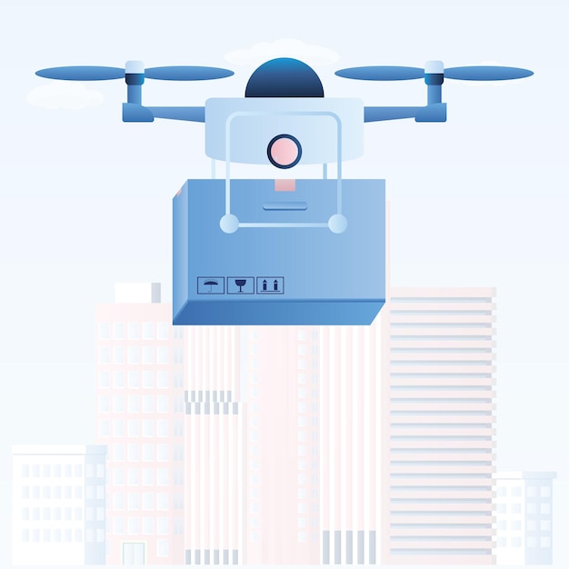 Delivery of goods to the buyer Delivery drone with box Future technology transport in trendy style
