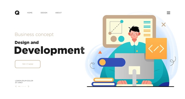 Design and Development Landing page template with Programmer or designer working in a company office