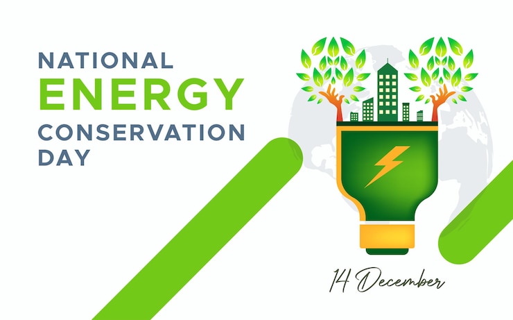 Vector design commemorating national energy conservation day december 14 green trees and buildings