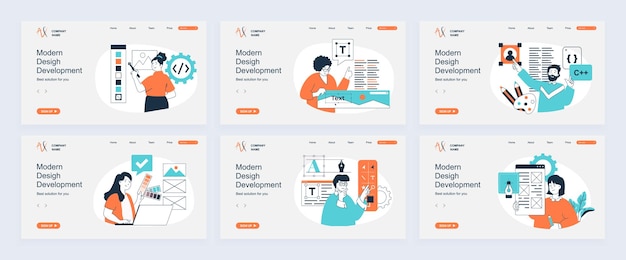 design development concept of landing page with slide templates set in flat design website headers with people create interface layout select colors and fonts for homepage vector illustrations