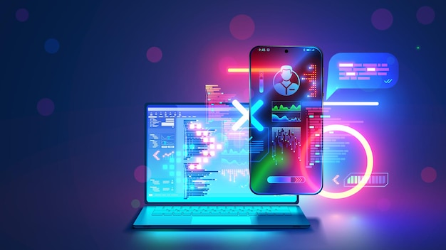Design mobile app for phone on laptop Mobile application software development Website or application design on screen of smartphone connected to laptop with app development environment on screen