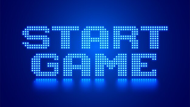Design of start game message Pixel art 8 bit game Retro gaming for vector computer game assets Arcade retro gaming Web banner with neon design phrase Start Game on blue background