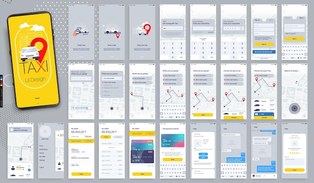 design of the mobile application. ui ux set of gui screens taxi app with login and password input.