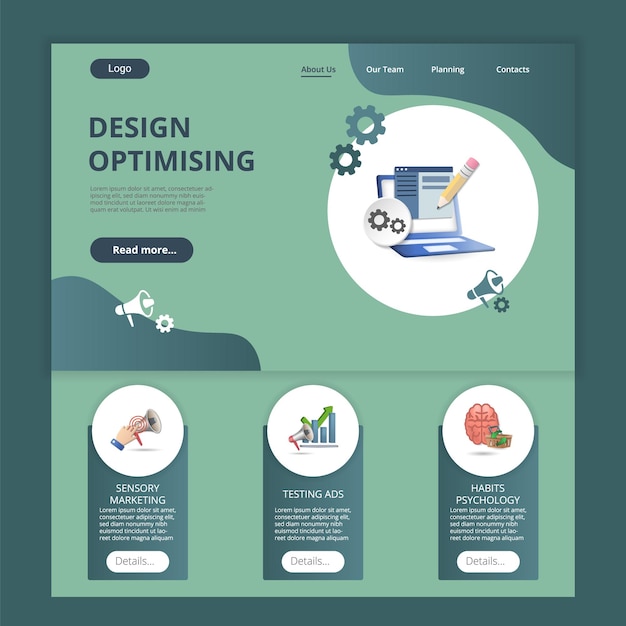 Design optimising flat landing page website template sensory