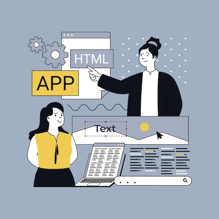 Vector design software development concept for modern web design people creating program code on html language engineering back end template programming and processing applications vector illustration