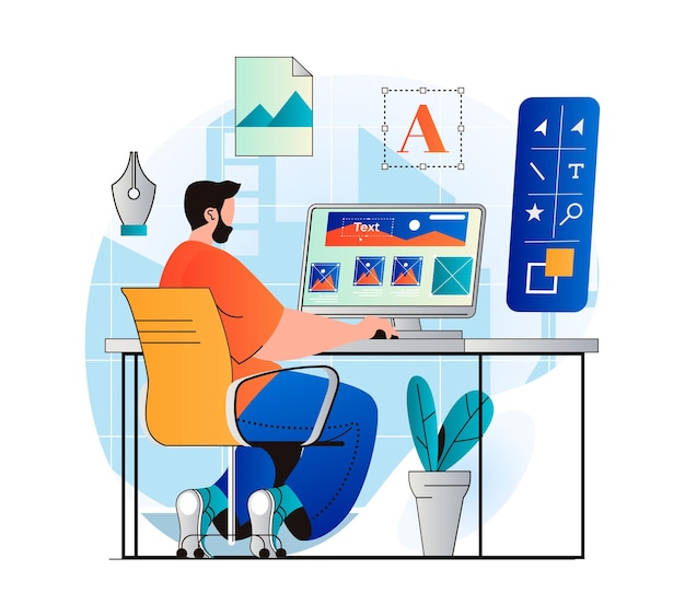 design studio concept in modern flat design man designer creates content for site drawing