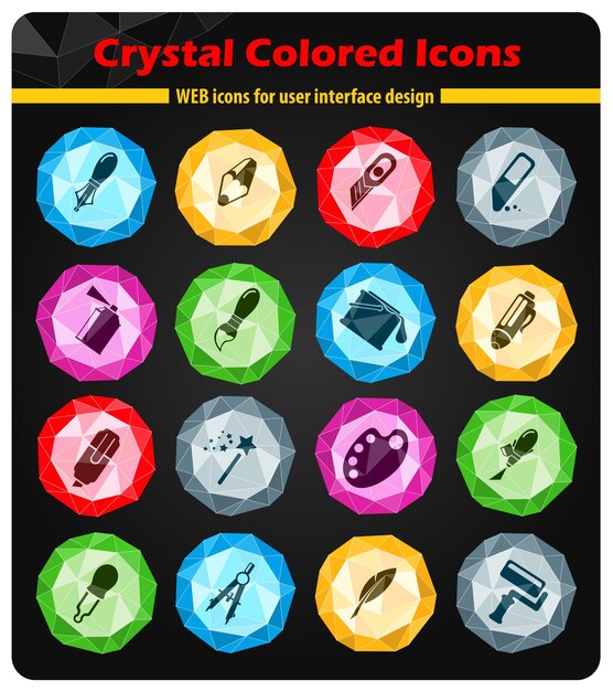 Design tools icons on colored buttons crystals