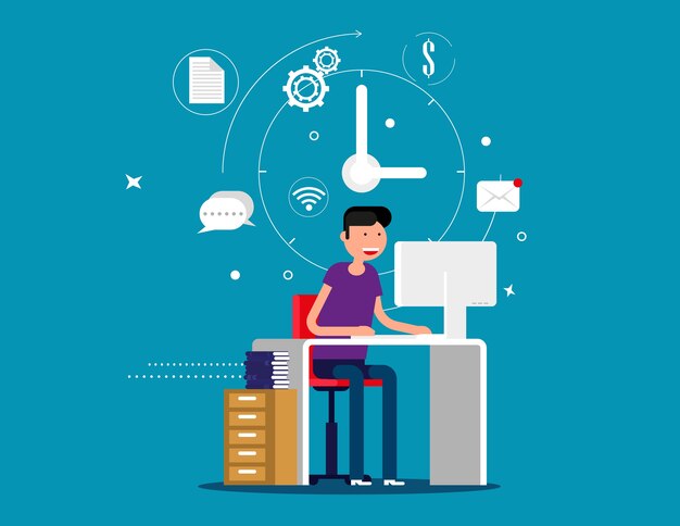 Designer man working with creative process icons 