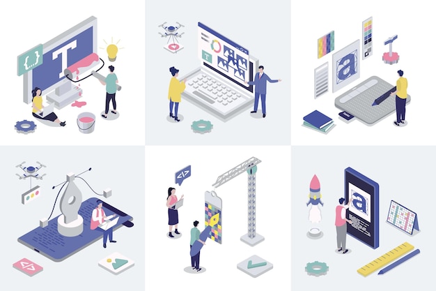 Designer studio 3d isometry concept for web design Collection set with isometric people creating interface layouts and graphic content using drawing tools and typescripts Vector illustration