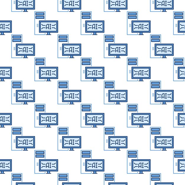 desktop computer with artificial intelligence technology vector ai colored seamless pattern in thin line style