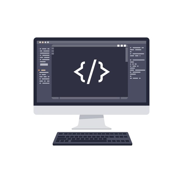 desktop computer with coding screen showing brackets symbols in minimal flat design vector illustration
