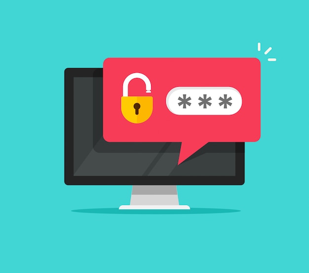Desktop computer with unlocked password bubble notification flat cartoon vector illustration