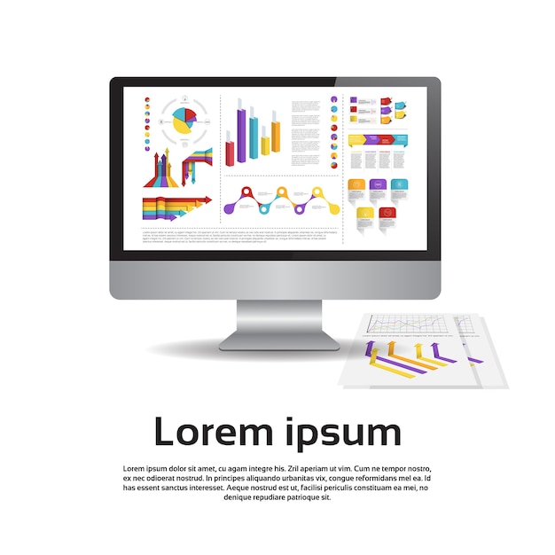 desktop monitor workstation graph set finance diagram infographic financial chart vector illustratio