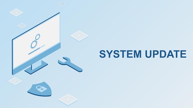 Desktop system update concept with isometric computer Updating computer software design backdrop