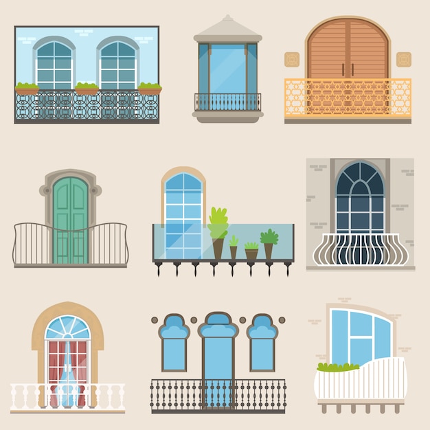 Detailed balcony set in different styles. Classical, modern and decorative forged balconies.