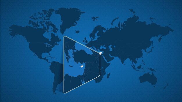 Detailed world map with pinned enlarged map of Cyprus and neighboring countries. Cyprus flag and map.