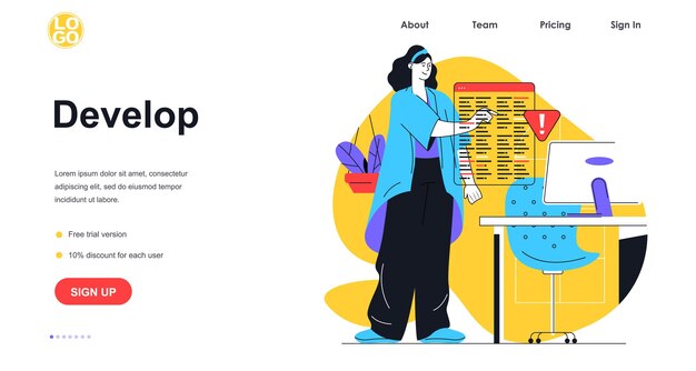 Develop software web banner concept. Woman programmer programming and coding website or application, working at computer, landing page template. Vector illustration with people scene in flat design