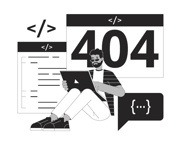 Developer website create black white error 404 flash message African american programmer working Monochrome empty state ui design Page not found cartoon image Vector flat illustration concept