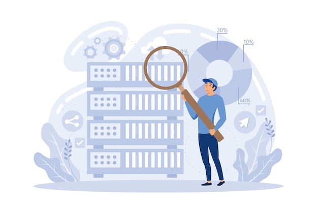 Developer with magnifying glass working with big data and zigzag arrow. Digital analytics tools, d