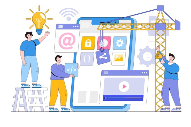 Developers building mobile apps and working together on a user interface communication and technology concept Outline design style minimal vector illustration for landing page