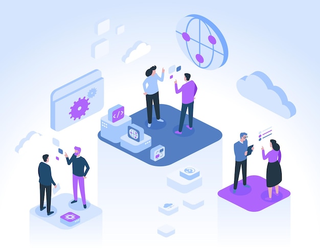 Developers communicate and work at projects together. Symbols of internet, global connection, cloud storage, program coding, data, computer technology.