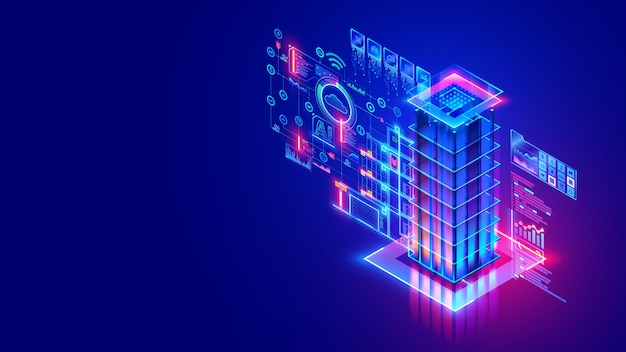 Development AI computer systems of smart building Engineering of building construction communication electricity with AI controls A drawing of a building surrounded by icons of a smart home system
