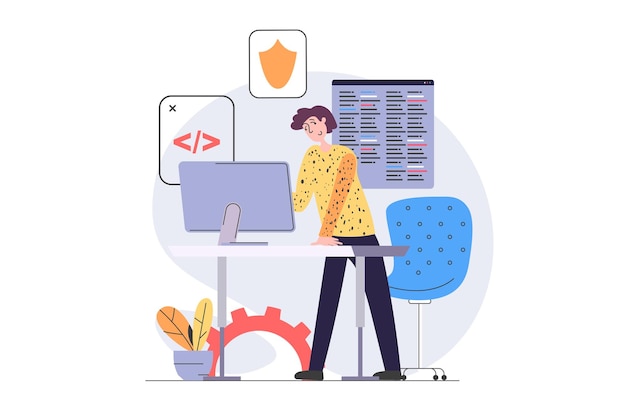 Development and programming concept in modern flat design for web Man developer creating security system software product at computer and testing firewall from hacker attack Vector illustration