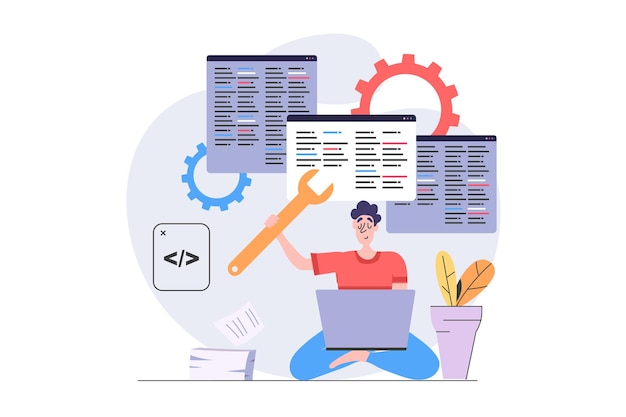 Development and programming concept in modern flat design for web Programmer working at laptop and creating software code on screens fixing bugs and making system maintenance Vector illustration