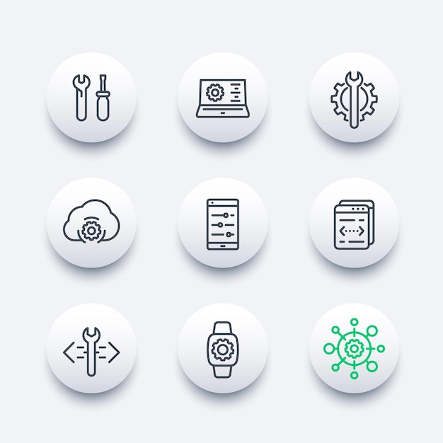 Development, calibration, configuration icons set