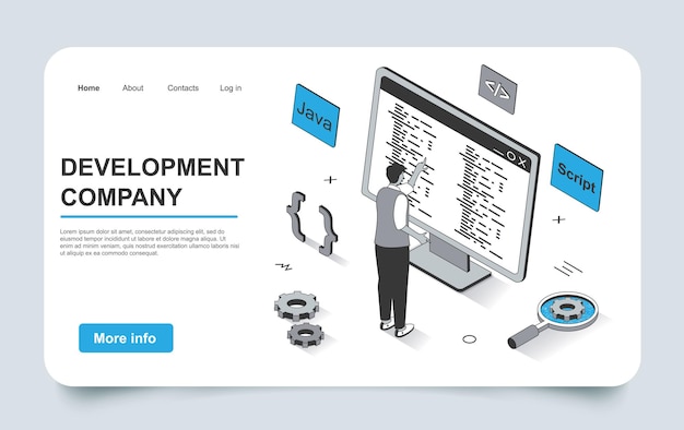 development concept in 3d isometric landing page outline design developer programs and writes code