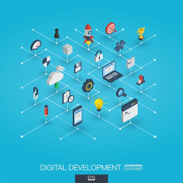 development integrated 3d web icons. digital network isometric concept.