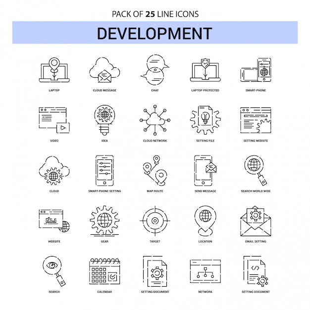 Development Line Icon Set - 25 Dashed Outline Style