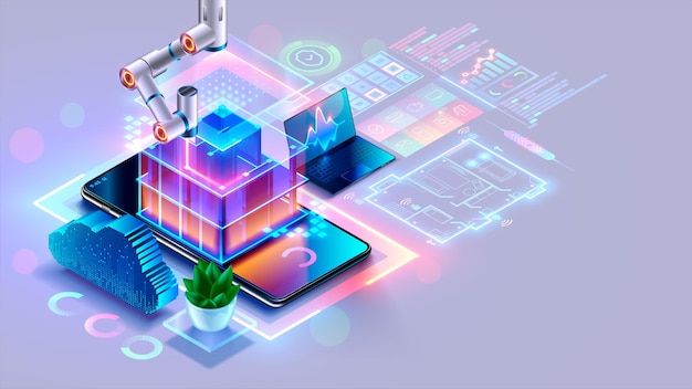 Development of hardware software system of smart building Architectural engineering of smart house 3d draft of building engineering communications Phone controls IOT of smart building IOT system