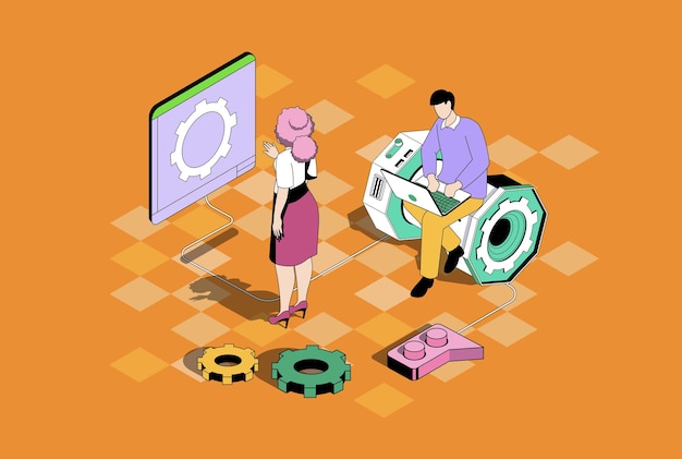 Development web concept in 3d isometric graphic design Isometry people scene with developer team engineering project prototype with innovations programming and coding at screen Vector illustration