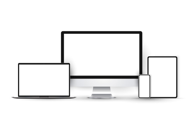 Device set with monitor, laptop, tablet and smartphone.