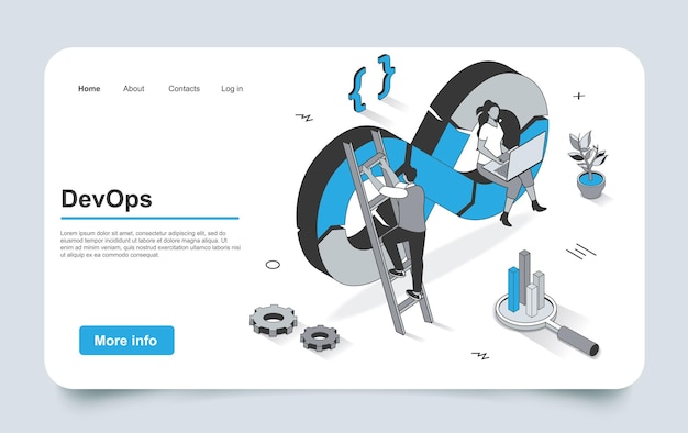 devops concept in 3d isometric landing page outline design programmers and engineers working