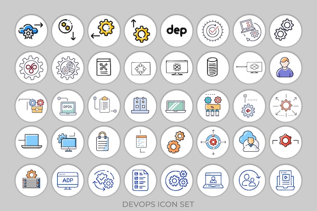DevOps related line icon set vector illustration including automation deployment agile workflow