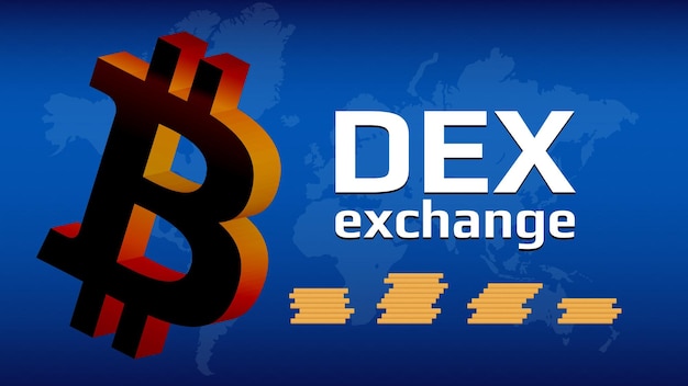 dex decentralized exchange and bitcoin symbol with the world map on blue background dex allows you to exchange cryptocurrencies without the need for an intermediary