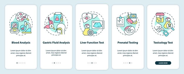 diagnostic services onboarding mobile app screen healthcare providing walkthrough 5 steps graphic instructions pages with linear concepts ui ux gui template myriad probold regular fonts used