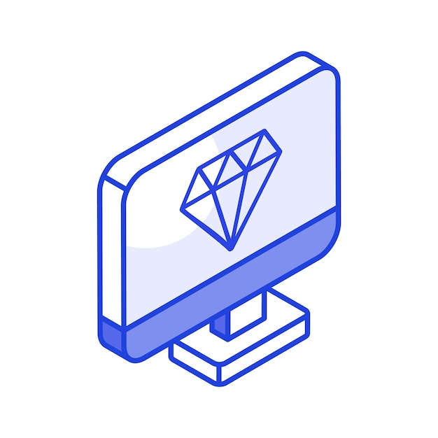 Diamond inside computer monitor showing concept isometric icon of diamond screen