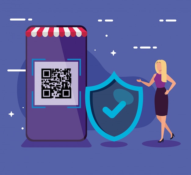 Điện thoại thông minh quét mã qr với phụ nữ kinh doanh và khiên