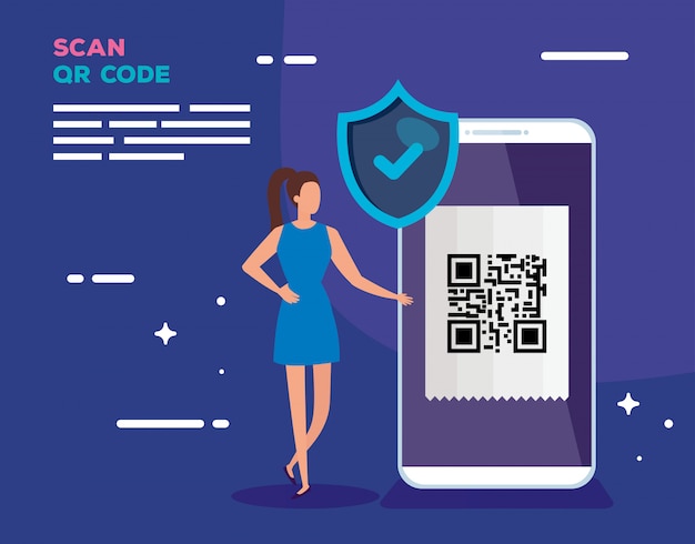 Điện thoại thông minh quét mã qr với phụ nữ kinh doanh và thiết kế minh họa vector khiên