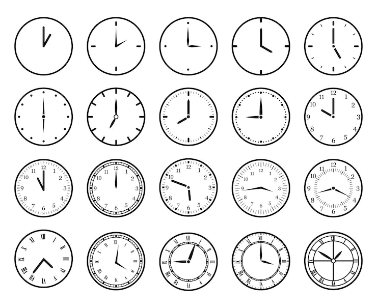 Vector different clocks set without numbers with numbers roman numerals